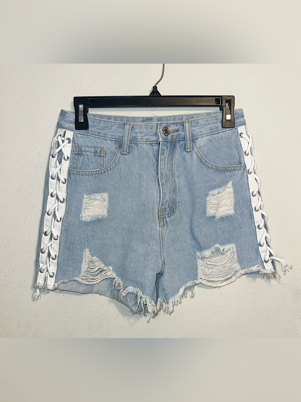 Distressed Light Blue Denim Lace-Up Side Shorts